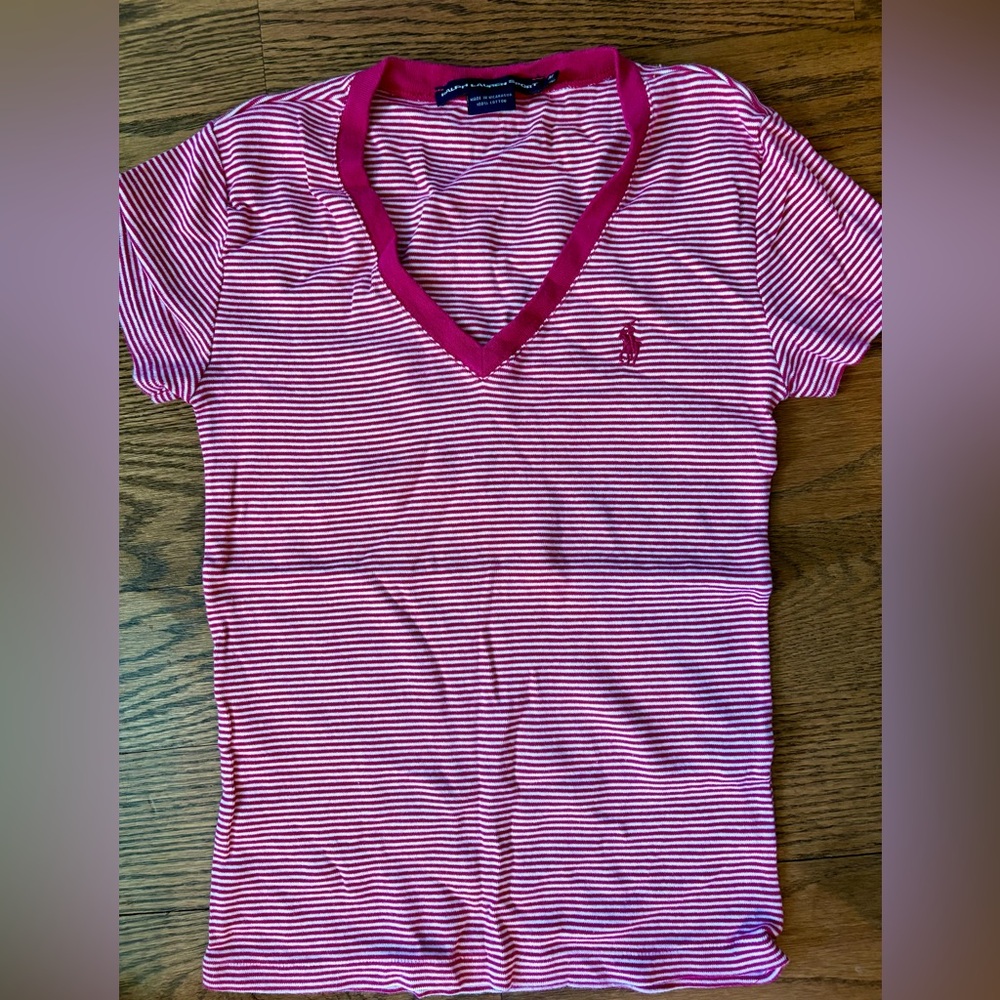 Ralph Lauren Sport vintage V-neck striped Tee Sz M Pink/white